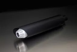 RETRO, slip on (silenciador incl. tubo de conexión) con tapa final de aluminio anodizado, acero inoxidable negro, EEC, 55 mm